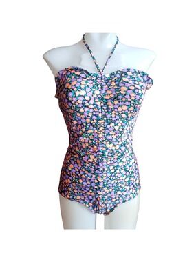 Medium True Vintage Swimsuit Floral Halter One Piece Bodysuit Ruched Mom 1980's